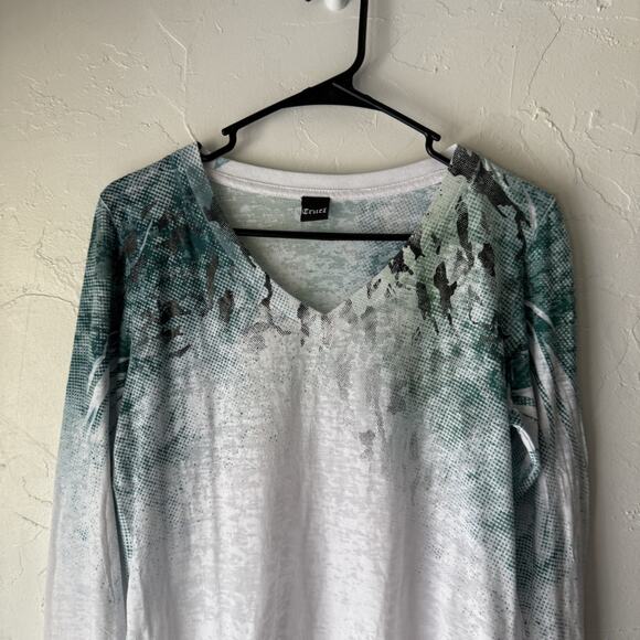 Cruel Shirt Western Large White Green‎ Long Sleeve V Neck Ombre Lightweight - Picture 2 of 7